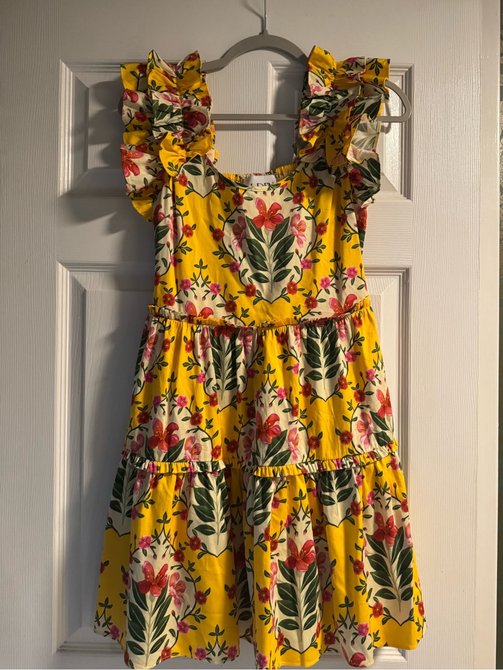 Yellow Floral Ruffle-Shoulder Tiered Mini Dress